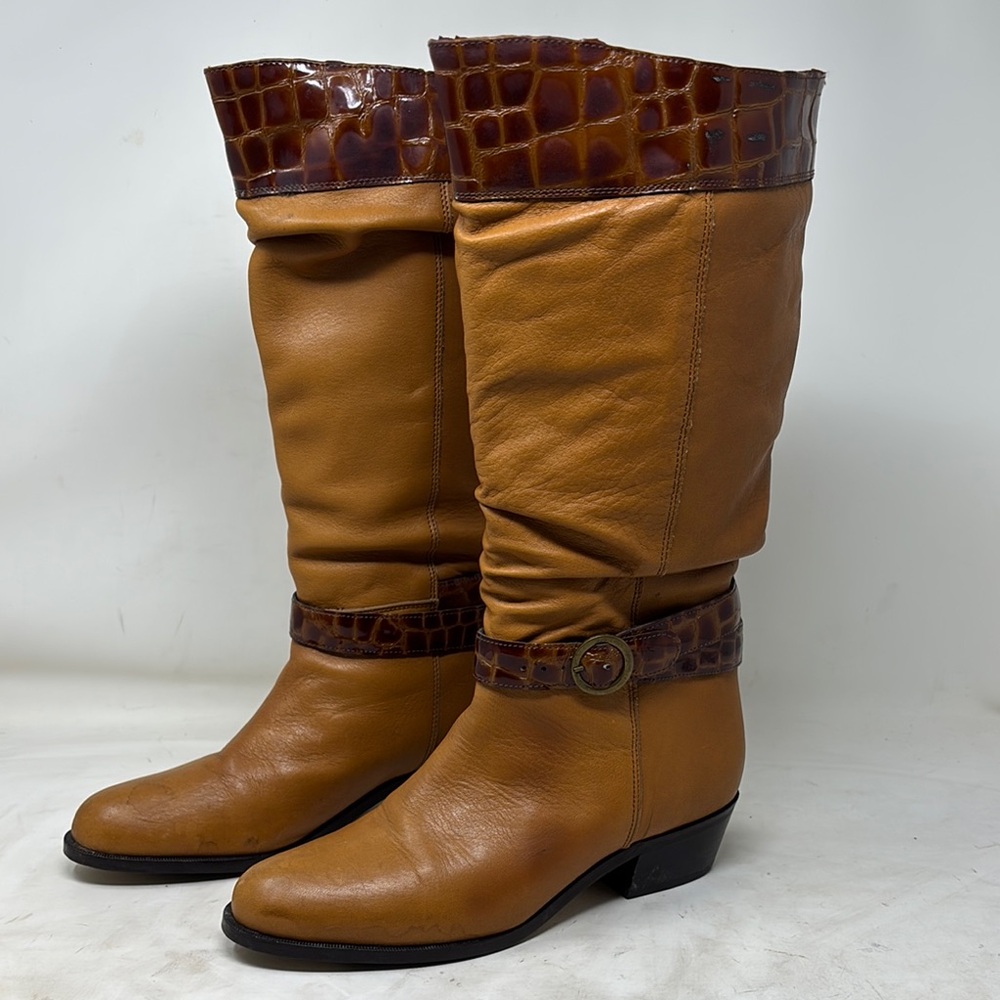 Dingo Brown Heeled Boots with Textured Leather and Ankle Strap